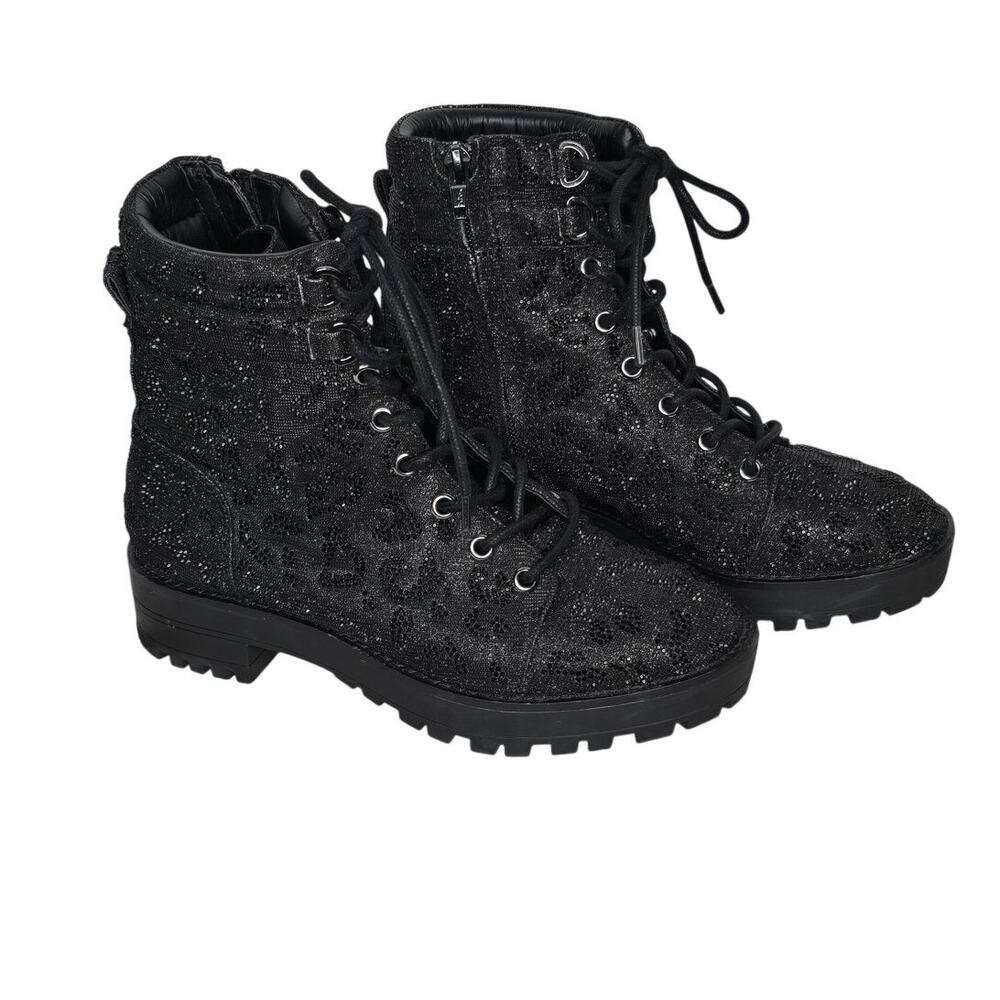 Gianni Bini Leopard Print Rhinestone Combat Boots Black Womens 6.5M Sparkle